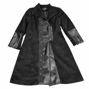 Simon Chang Leather Wool Long Coat Womens 8‎  Asymmetrical Zip Statement Design